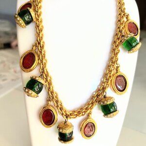 Chanel Gripoix Necklace Genuine Signed Red Green Glass Charms Gold Tone Vintage